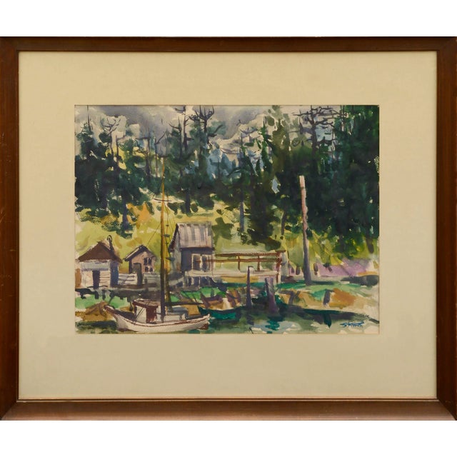 Mid Century Watercolor Landscape -- Boats at the Dock For Sale In Monterey, CA - Image 6 of 6
