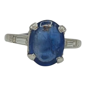 Blue Sapphire Oval and White Diamond Solitaire Ring in Platinum, size 5