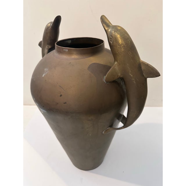 Mid-Century Modern Vintage Brass Vessel With Dolphin Handles For Sale - Image 3 of 11