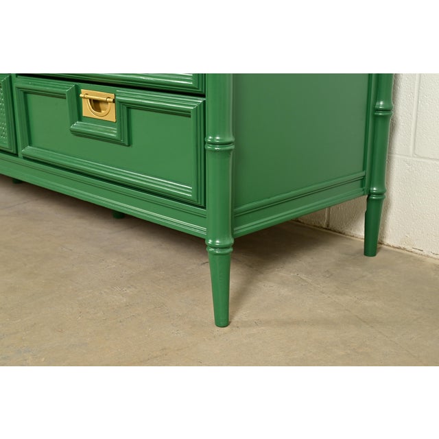 Mid-Century Hollywood Regency Campaign Green Lacquered Faux Bamboo Triple Dresser or Credenza by Stanley, Newly Refinished For Sale - Image 12 of 16