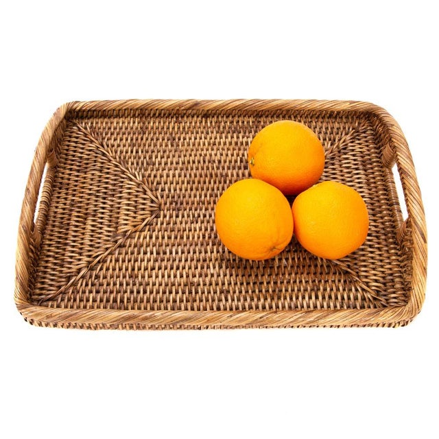 Artifacts Rattan Rectangular Serving Tray with High Handles in Honey Brown - 14" For Sale - Image 4 of 13