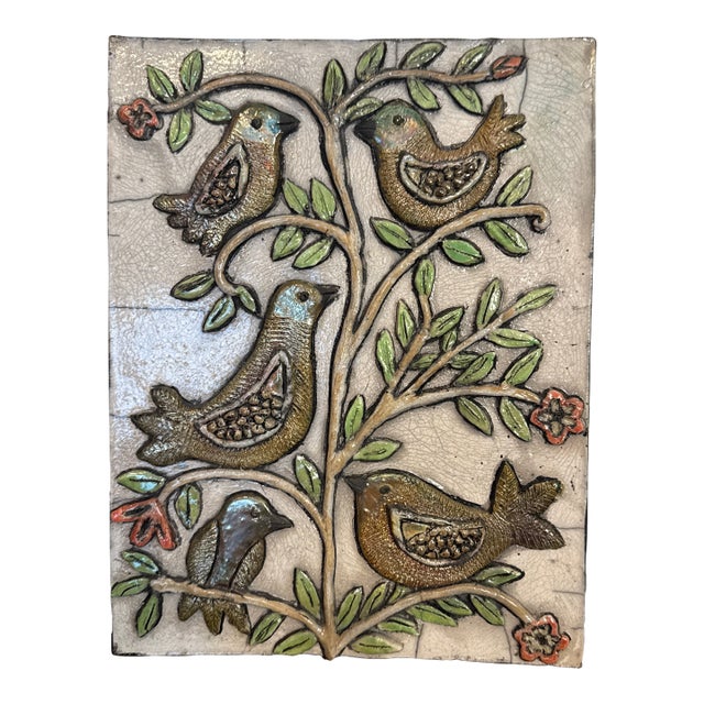 Artist Made 3D Ceramic Birds in Tree Panel For Sale