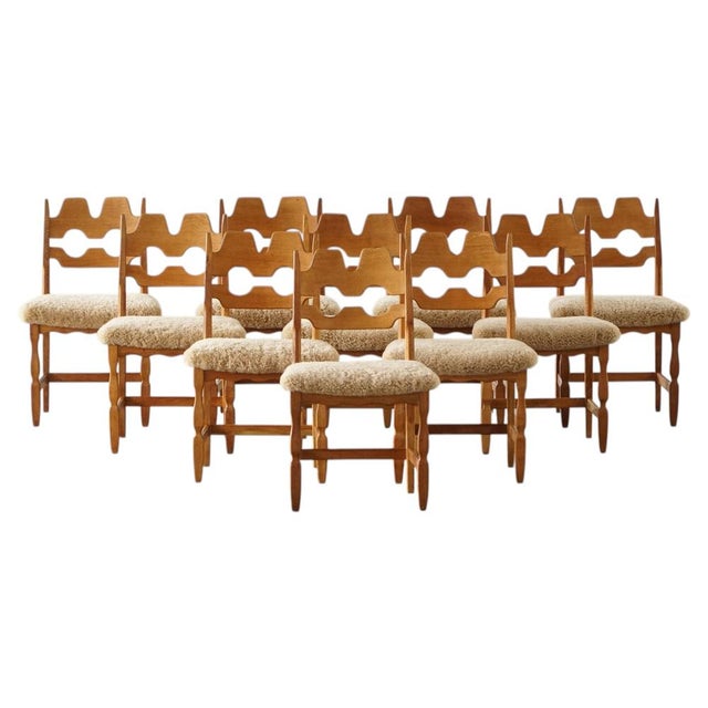 Razorblade Chairs in Oak and Lambswool attributed to Henning Kjærnulf, 1960s, Set of 10 For Sale - Image 18 of 18