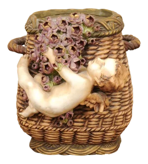 Mid 19th Century French Painted Terracotta Wicker Basket Vase with Cherub Swinging from Roses