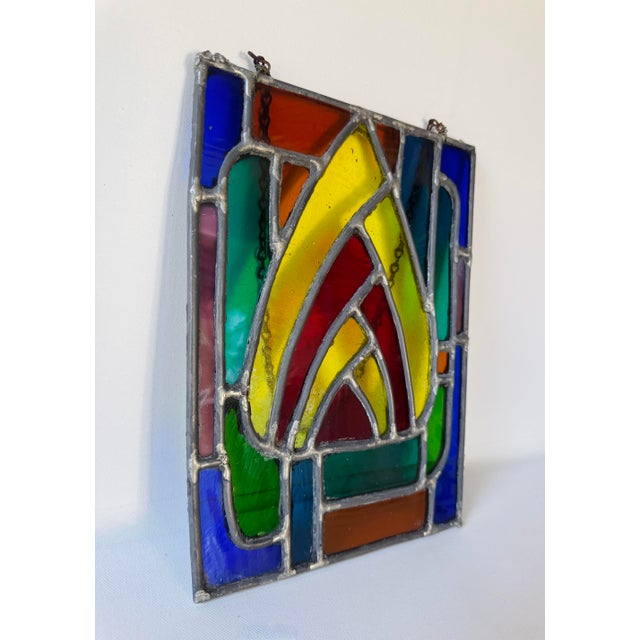 Art Deco Vintage Leaded Stained Glass Window Panel Art Deco Style Geometric Hanging For Sale - Image 3 of 9