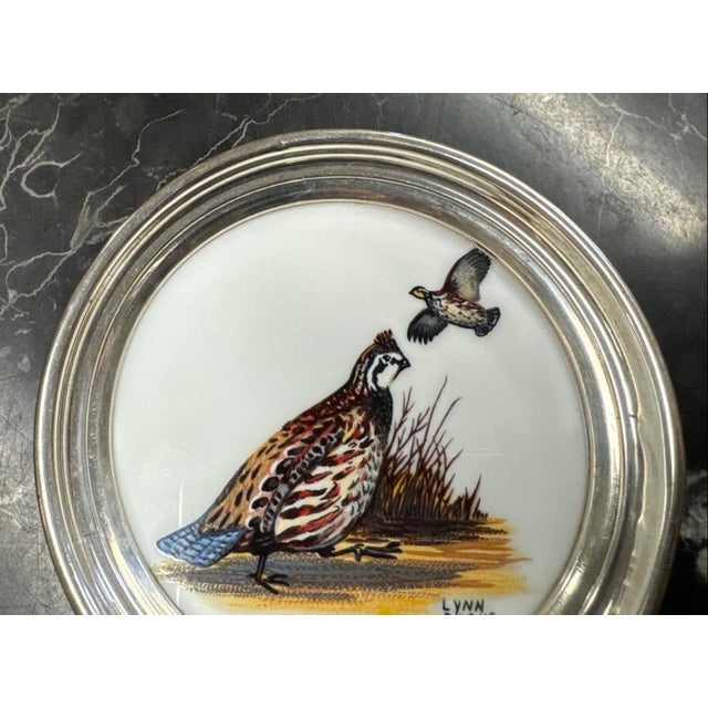 Vintage Hand Painted Porcelain Quail Game Bird Sterling Rimmed Coaster Hunt Artist signed Lynn Bogue Hunt on the front and...