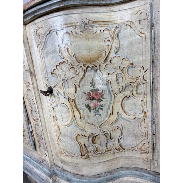 Italian Rococo Painted Serpentine Credenza With Floral Cartouches For Sale - Image 15 of 17