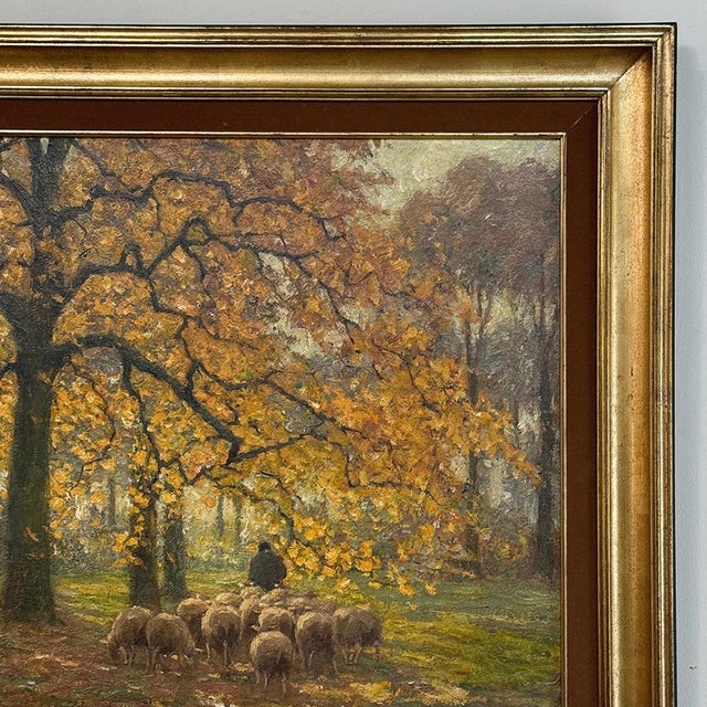 Wood Framed Oil Painting on Canvas by Alphonse Van Beurden Jr. (1878–1962) 'Shepherd and Flock in Autumn Forest' For Sale - Image 7 of 15