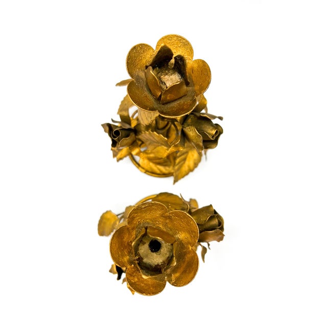 Gold Vintage Italian Gilt Tole Rose Candleholders - Pair - Hollywood Regency, Romantic For Sale - Image 8 of 10