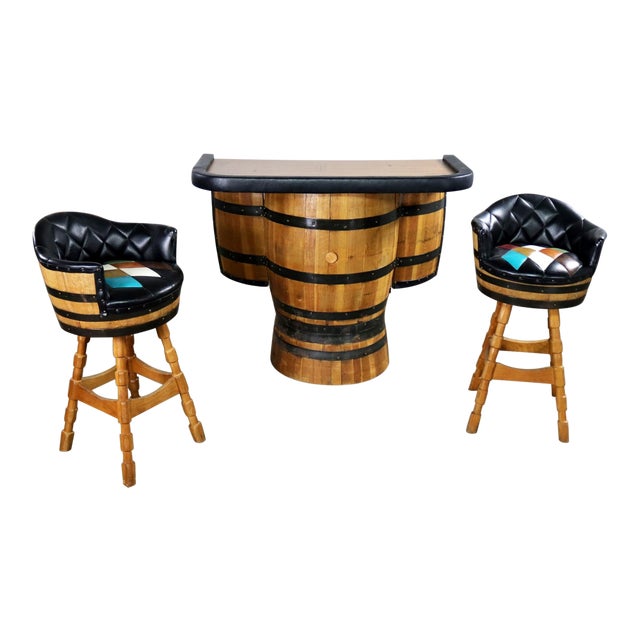 Mid Century Whiskey Barrel Bar And Swivel Bar Stools By Brothers Furniture Of Kentucky