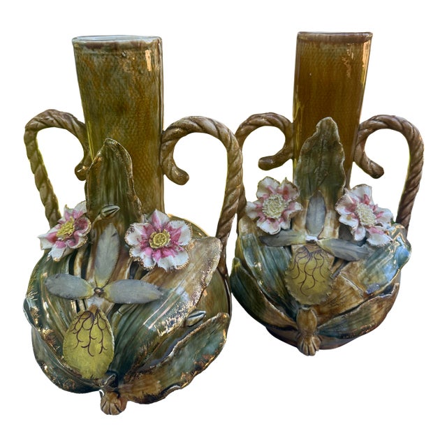 Pair of Antique French Art Nouveau Barbotine Majolica Vases With Applied Flowers For Sale