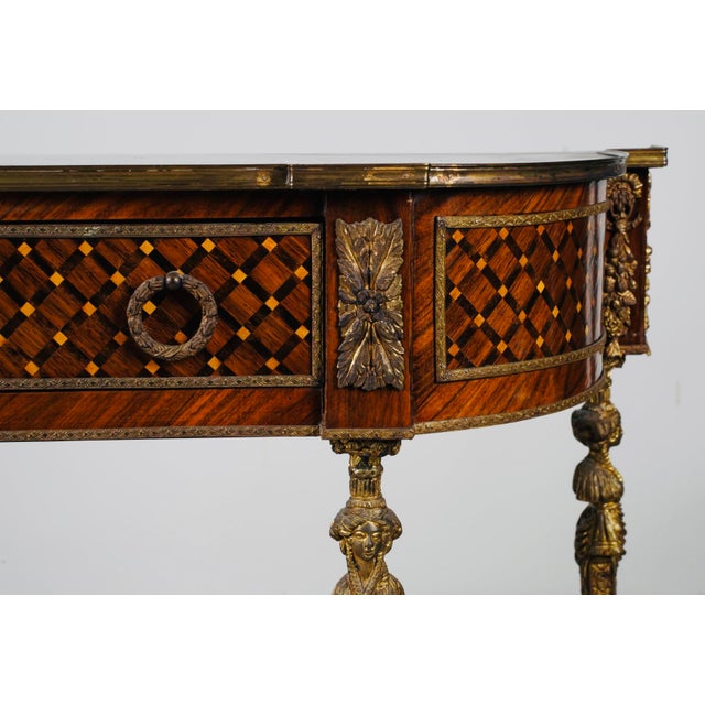 Late 19th Century French Louis XVI Demi-Lune Console Table With Fine Marquetry & Gilt Bronze Caryatid Legs For Sale - Image 4 of 13