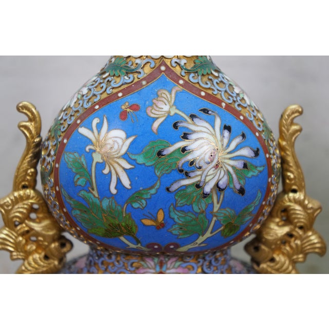 Antique Chinese Champleve Cloisonne Double Gourd Turquoise Mantel Vases Urns 12" For Sale - Image 4 of 17