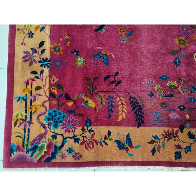 1920s Dark Pink Floral Open Field Antique Chinese Art Deco Rug 6' X 8'8" Handknotted Wool Carpet For Sale In New York - Image 6 of 10