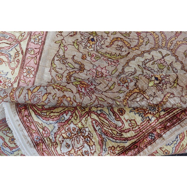 Antique Turkish Silk Hereke Rug With Floral Medallion Design and Ivory Field For Sale - Image 13 of 14