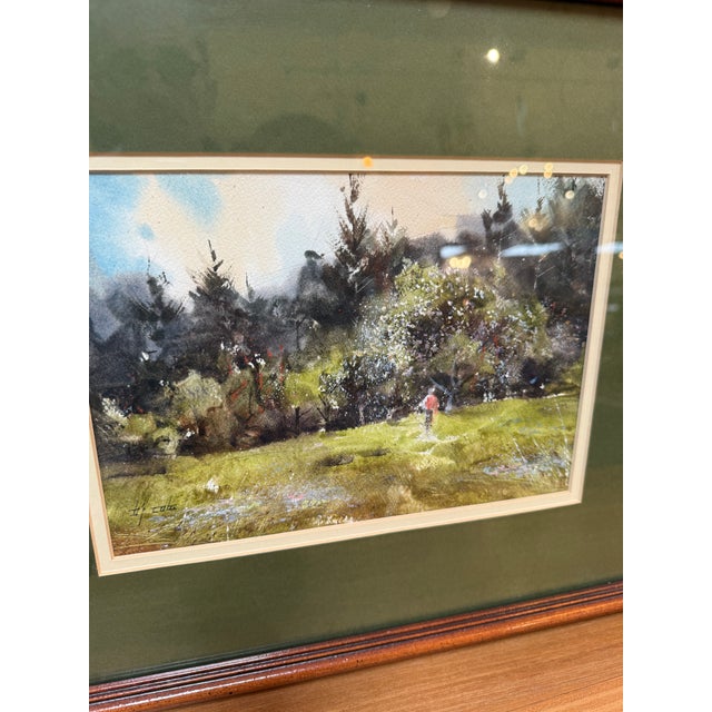 Green Original Watercolor Landscape Painting, Framed For Sale - Image 8 of 12