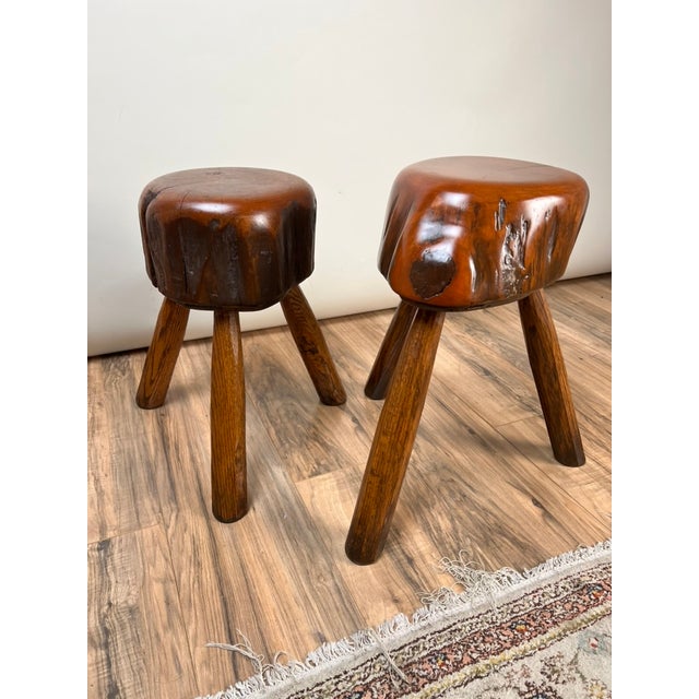 Wood Pair Vintage Live Edge Wabi Sabi Cherry Stools Signed Neil Panyik For Sale - Image 7 of 9