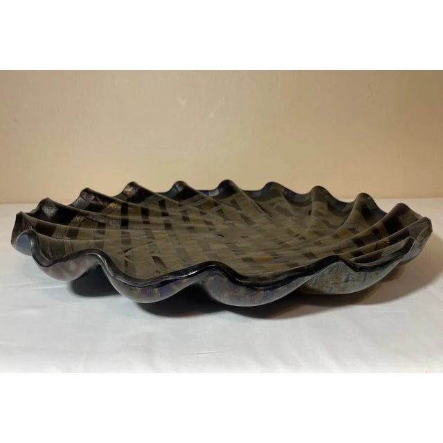 Gold Large 18” Fused Dichroic Glass Metallic Basket Weave Wave Form Centerpiece Tray For Sale - Image 8 of 12