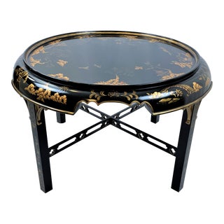 20th Century Vintage Ebonized Chinoiserie Round Coffee Table For Sale