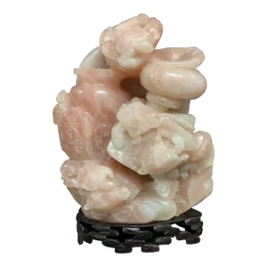 Late 20th Century Chinese Art Large Carved Solid Rose Quartz Stone With Wooden Stand