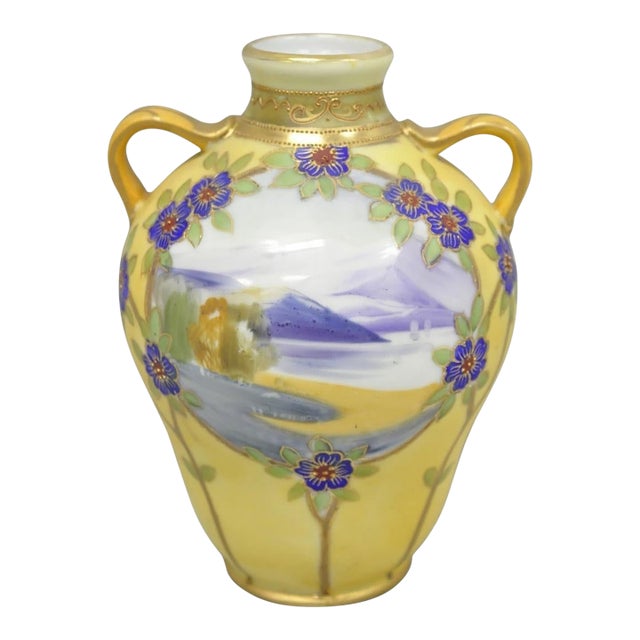 Antique Nippon Hand Painted Porcelain Moriage Mountain Scene Small Yellow Vase For Sale