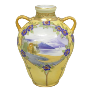 Antique Nippon Hand Painted Porcelain Moriage Mountain Scene Small Yellow Vase
