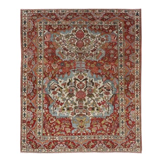 Square Antique Persian Bakhtiari Rug With Red Field and Ivory Medallion For Sale