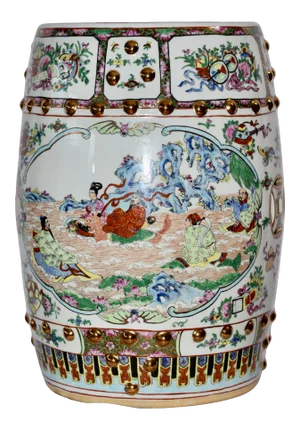 1960s Chinese Rose Medallion Gilt Canton Famille Rose Barrel Garden Stool