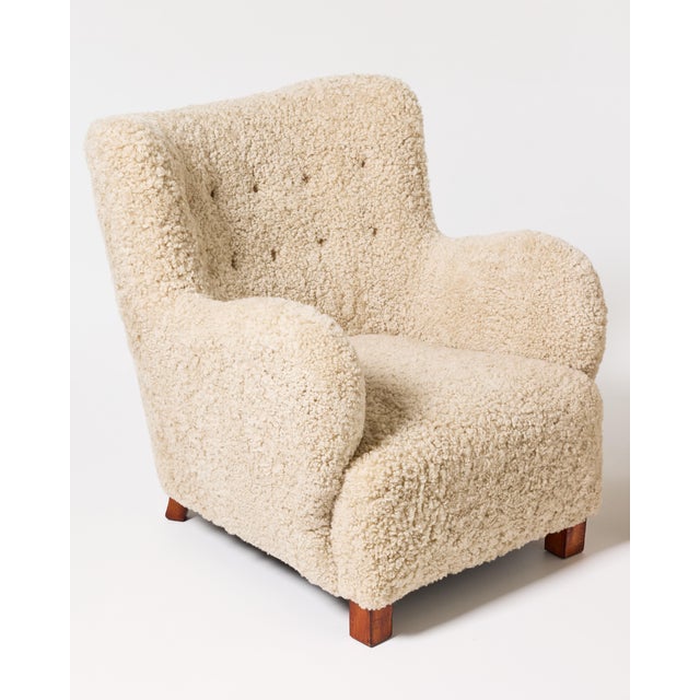 Danish Modern Sheepskin Armchairs, a Pair, 1940's For Sale - Image 4 of 7