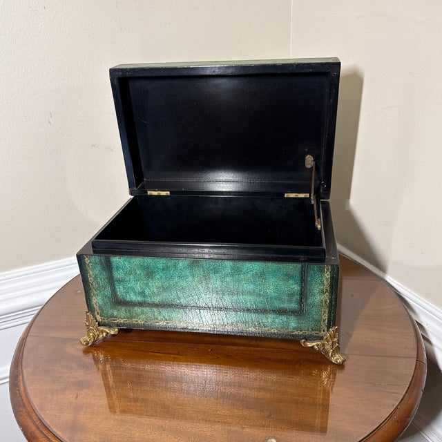 Vintage Italian Style Green Leather Domed Trunk Box Gold Gilt Tooling Claw Feet For Sale In Atlanta - Image 6 of 7