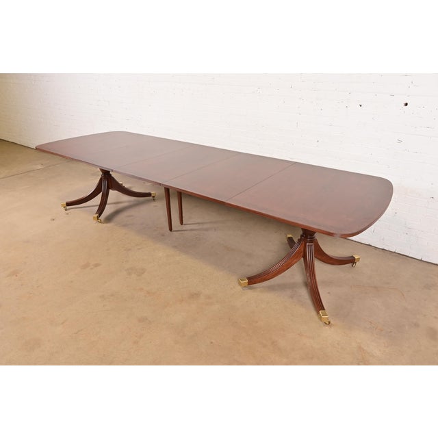 English Smith & Watson Georgian Banded Cherry and Burl Wood Double Pedestal Extension Dining Table, Newly Refinished For Sale - Image 3 of 13