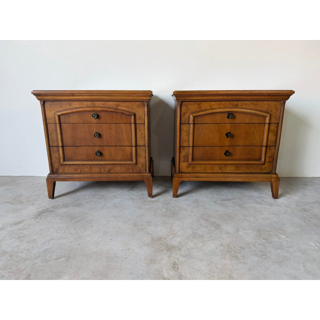 Wood 1970s Mid-Century Burl Wood Three-Drawer Nightstands – Pair For Sale - Image 7 of 13
