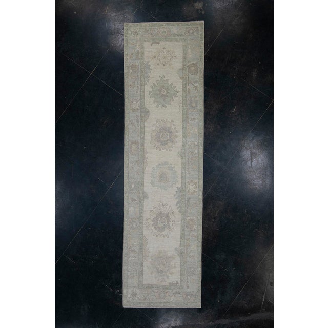 Turkish Oushak Runner Rug Green, Taupe & Blue Handwoven Wool Rug 2'11" X 10'4" For Sale - Image 10 of 10