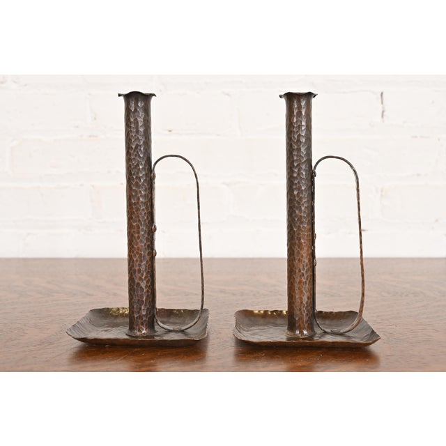 Roycroft Style Arts & Crafts Hammered Copper Handled Candlesticks, Pair For Sale - Image 11 of 11