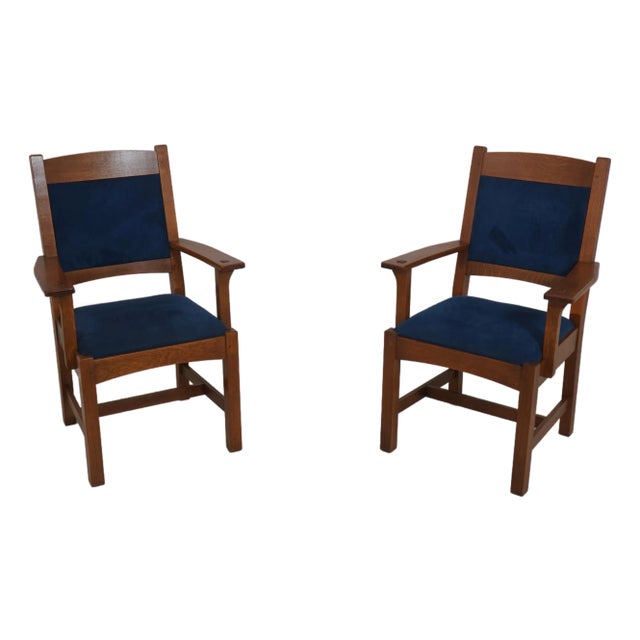Pair Stickley Arts & Crafts Upholstered Armchairs For Sale