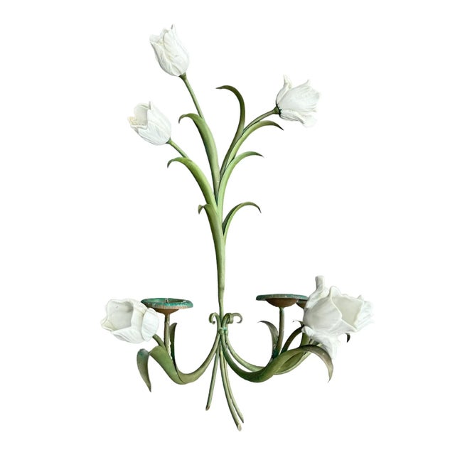 Pair of Vintage Tole and Porcelain Tulip Candle Sconces For Sale In Chicago - Image 6 of 12