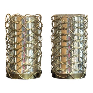 John Richard Woven Brass and Glass Candle Holders, a Pair For Sale