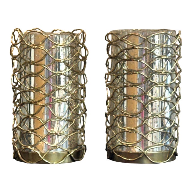 John Richard Woven Brass and Glass Candle Holders, a Pair For Sale