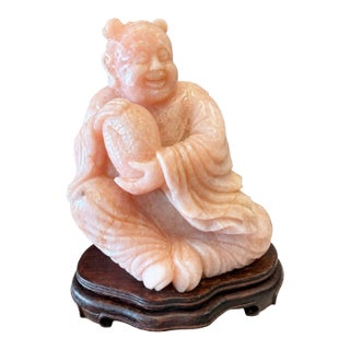 Large Vintage Chinese Carved Rose Quartz Boy Sculpture on Hardwood Stand For Sale