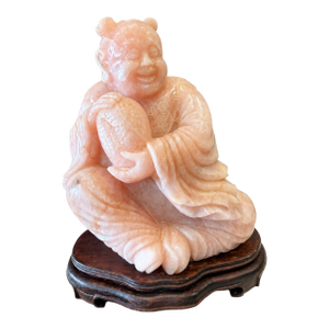 Large Vintage Chinese Carved Rose Quartz Boy Sculpture on Hardwood Stand