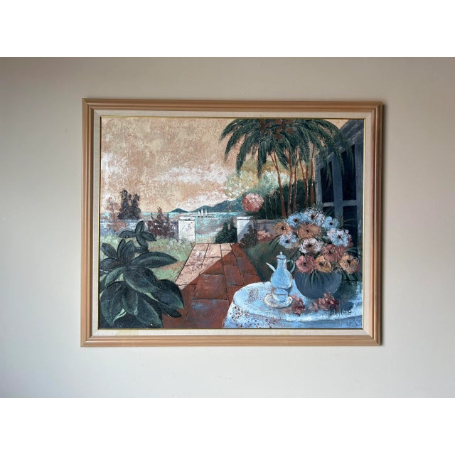 1980's Lee Reynolds Tropical - Coastal Garden Landscape Painting, Framed For Sale - Image 13 of 13
