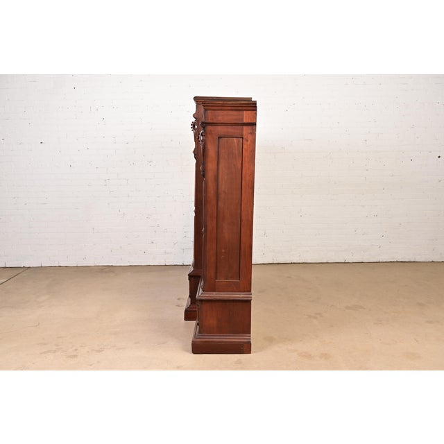 Herter Brothers Style Antique Eastlake Victorian Carved Walnut and Burl Wood Triple Bookcase Cabinet, Circa 1880s For Sale - Image 12 of 14