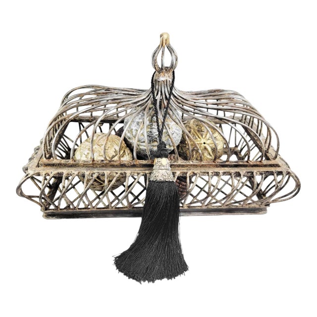 Late 20th Century Large Rustic Cast Iron Openwork Basket With Lid For Sale