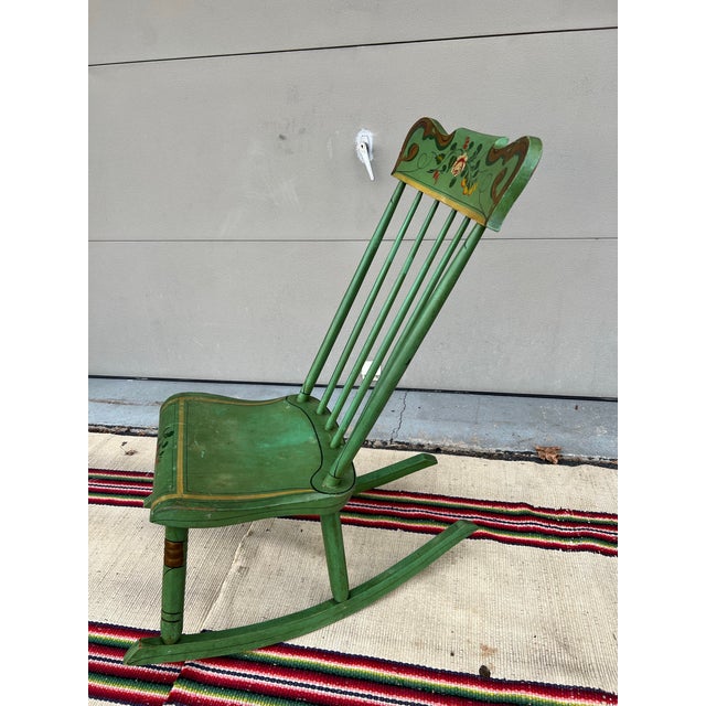 Paint Antique Pennsylvania Paint Decorated Plank Seat Farmhouse Rocking Chair, 1850’s For Sale - Image 7 of 12
