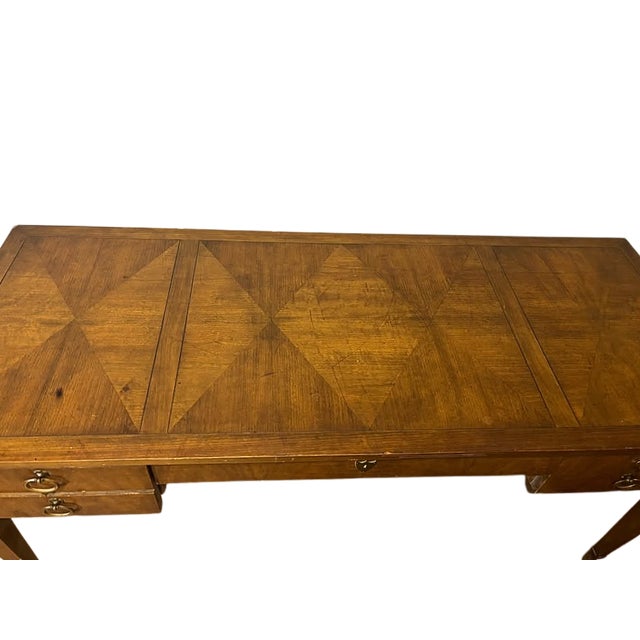 Vintage Walnut Writing Desk With Inlaid Veneer Top & Brass Ring Pulls For Sale In Greensboro - Image 6 of 7