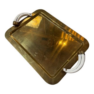 Italian Mid-Century Brass Serving Tray With Tusk Handles, 1970s For Sale