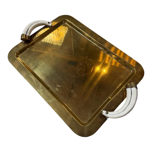 Italian Mid-Century Brass Serving Tray With Tusk Handles, 1970s For Sale
