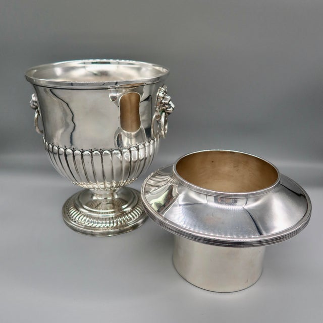 Antique English Silver Plate Champagne Bucket | Lion Mask Ring Handles | Hand Chased | Regency Style | Made in England For Sale - Image 4 of 13