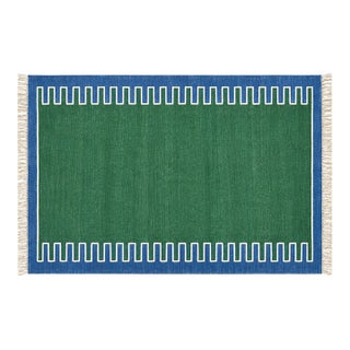 Handmade Cotton Vegetable Dyed Rug, Forest Green, White and Blue Zig Zag Striped Dhurrie-4'x6' For Sale