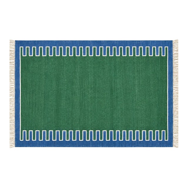 Handmade Cotton Vegetable Dyed Rug, Forest Green, White and Blue Zig Zag Striped Dhurrie-4'x6' For Sale